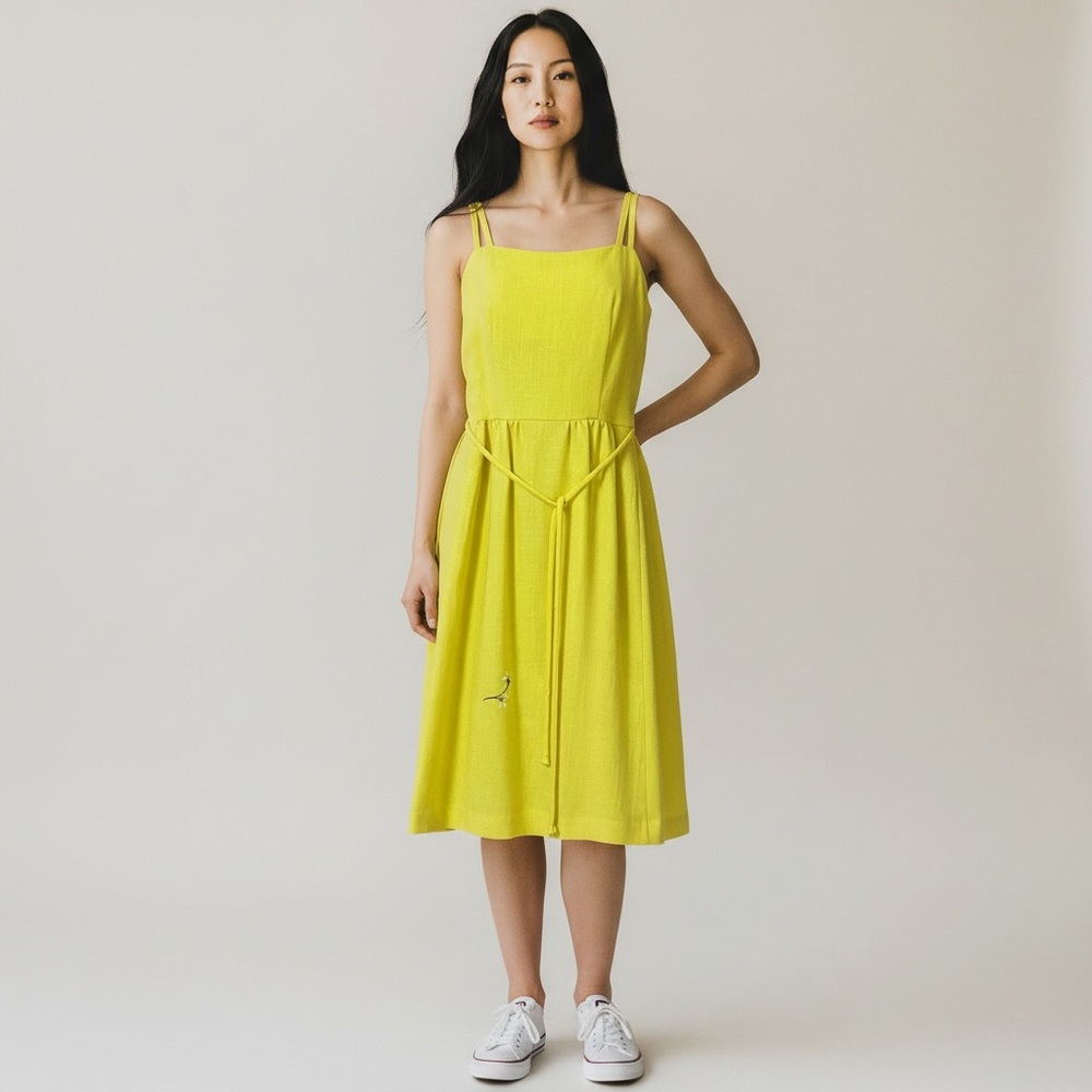 1960s Vintage Malia Honolulu Yellow Hawaiian Sundress Midi Dress with Tie Waist